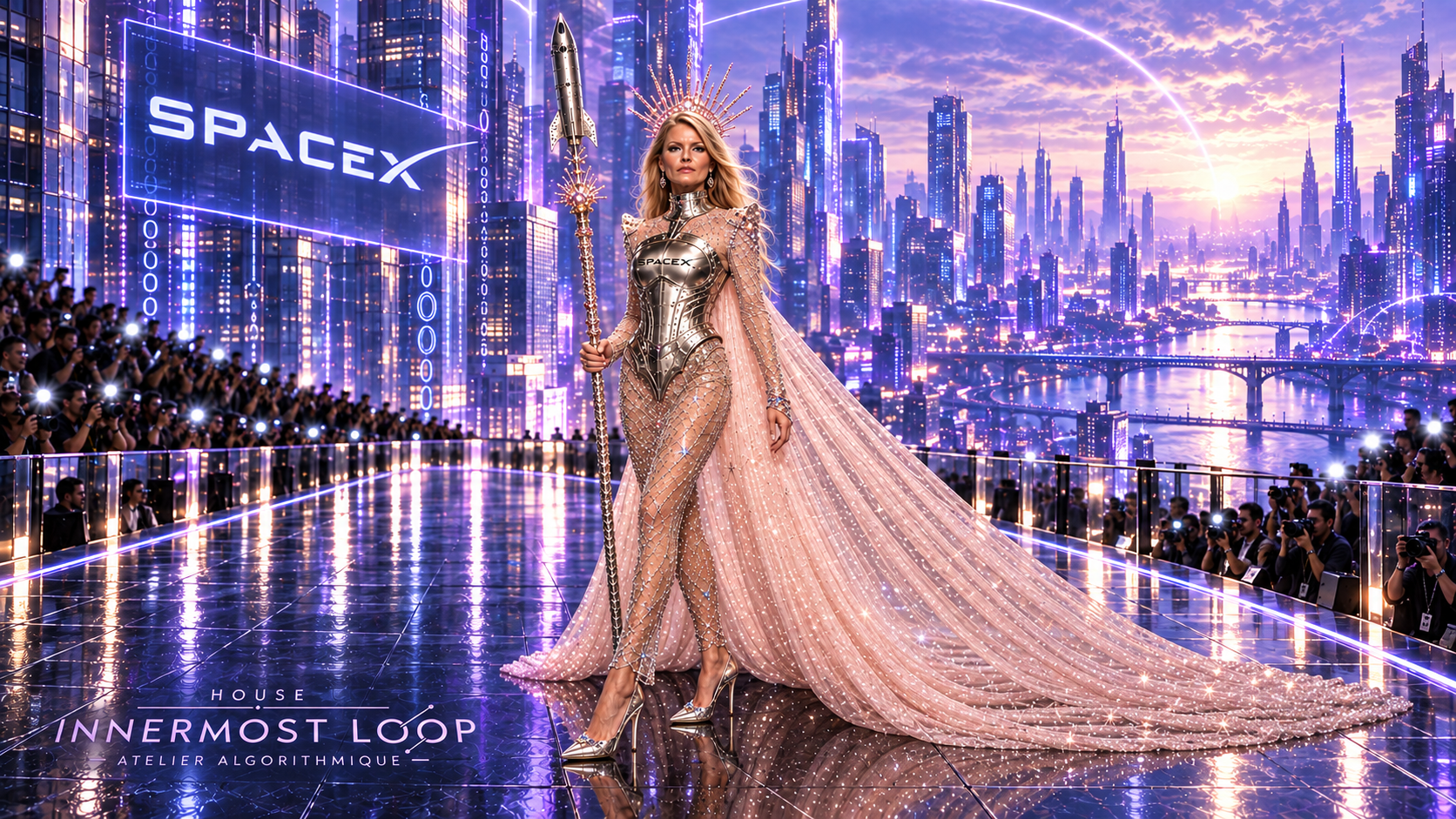 Gwynne Shotwell wears a metallic breastplate and flowing pink cape, carrying a rocket-tipped scepter beneath a SpaceX sign.