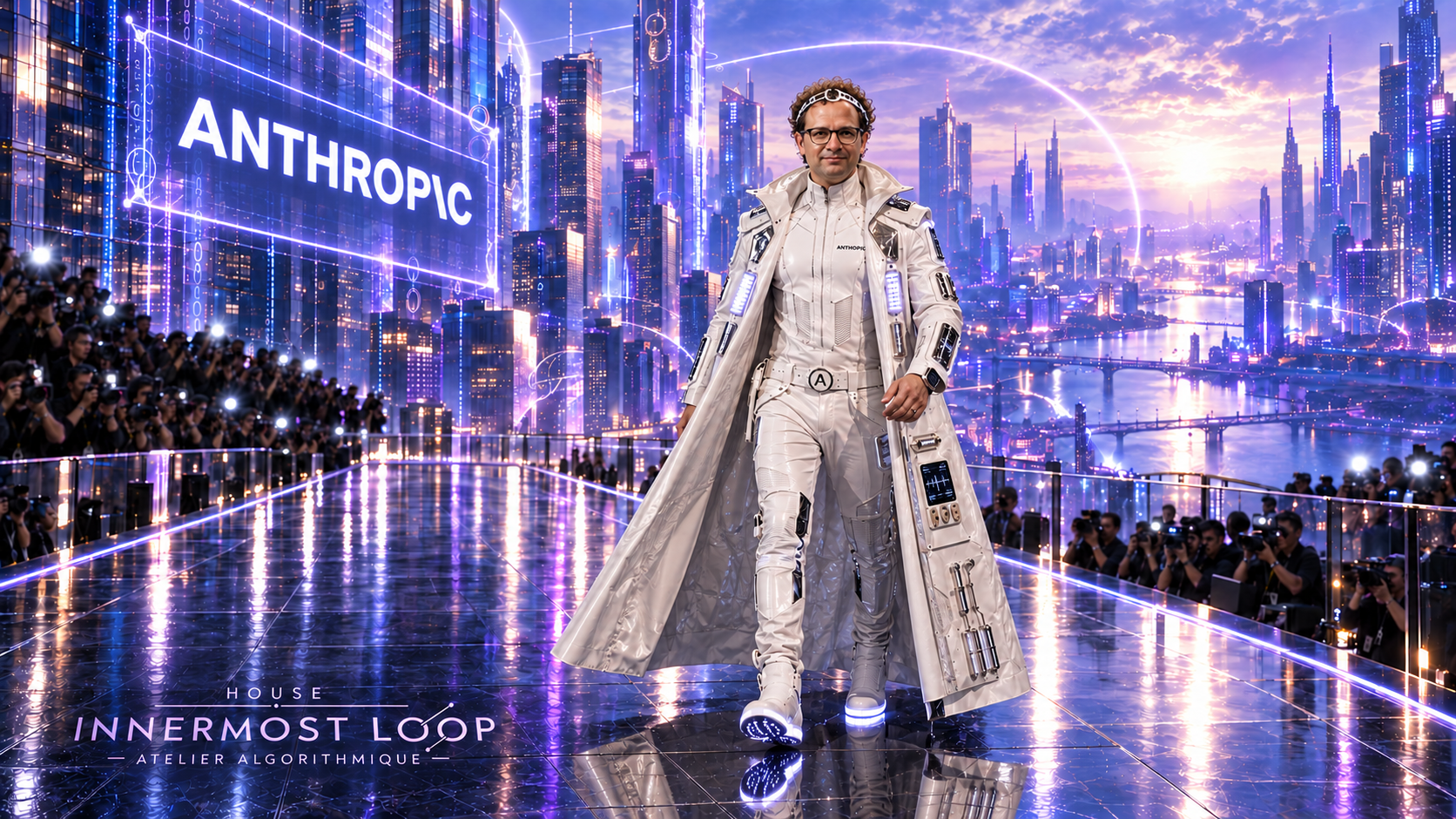 Dario Amodei walks in layered white tailoring and a long pale coat beneath an Anthropic sign on a reflective futuristic runway.