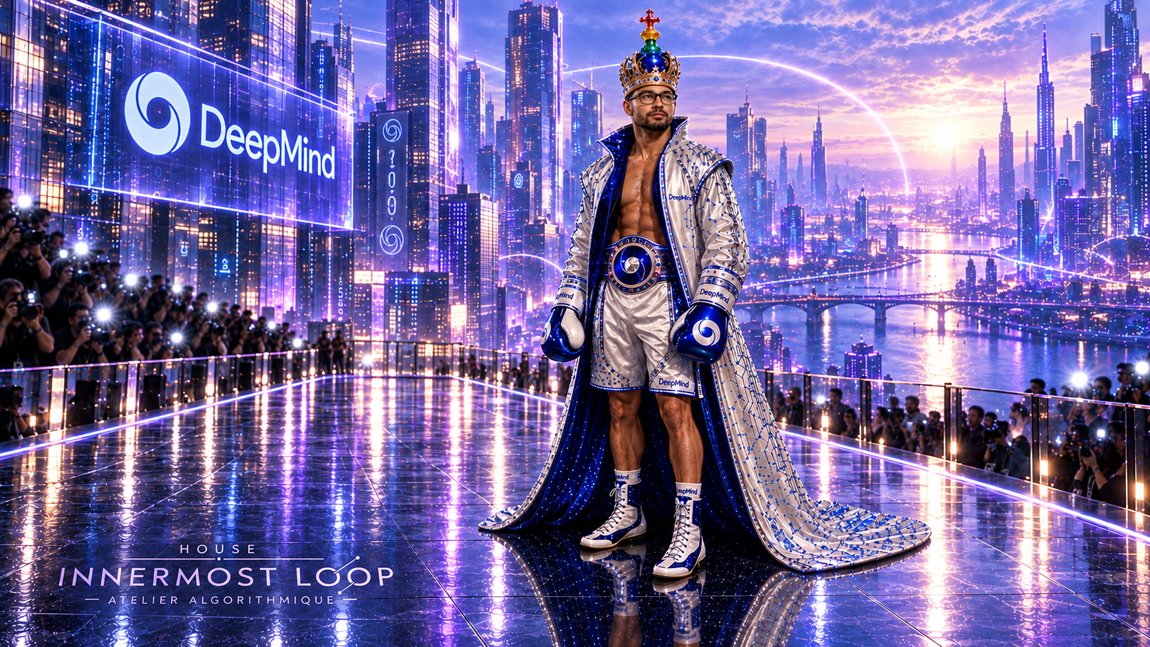 Demis Hassabis wears a silver coat, crown, shorts and blue championship emblems beneath a DeepMind sign on a violet city runway.