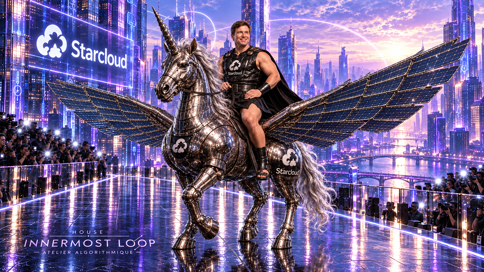 Philip Johnston rides a metallic Starcloud unicorn with enormous solar-panel wings on a reflective runway against a violet futuristic city.