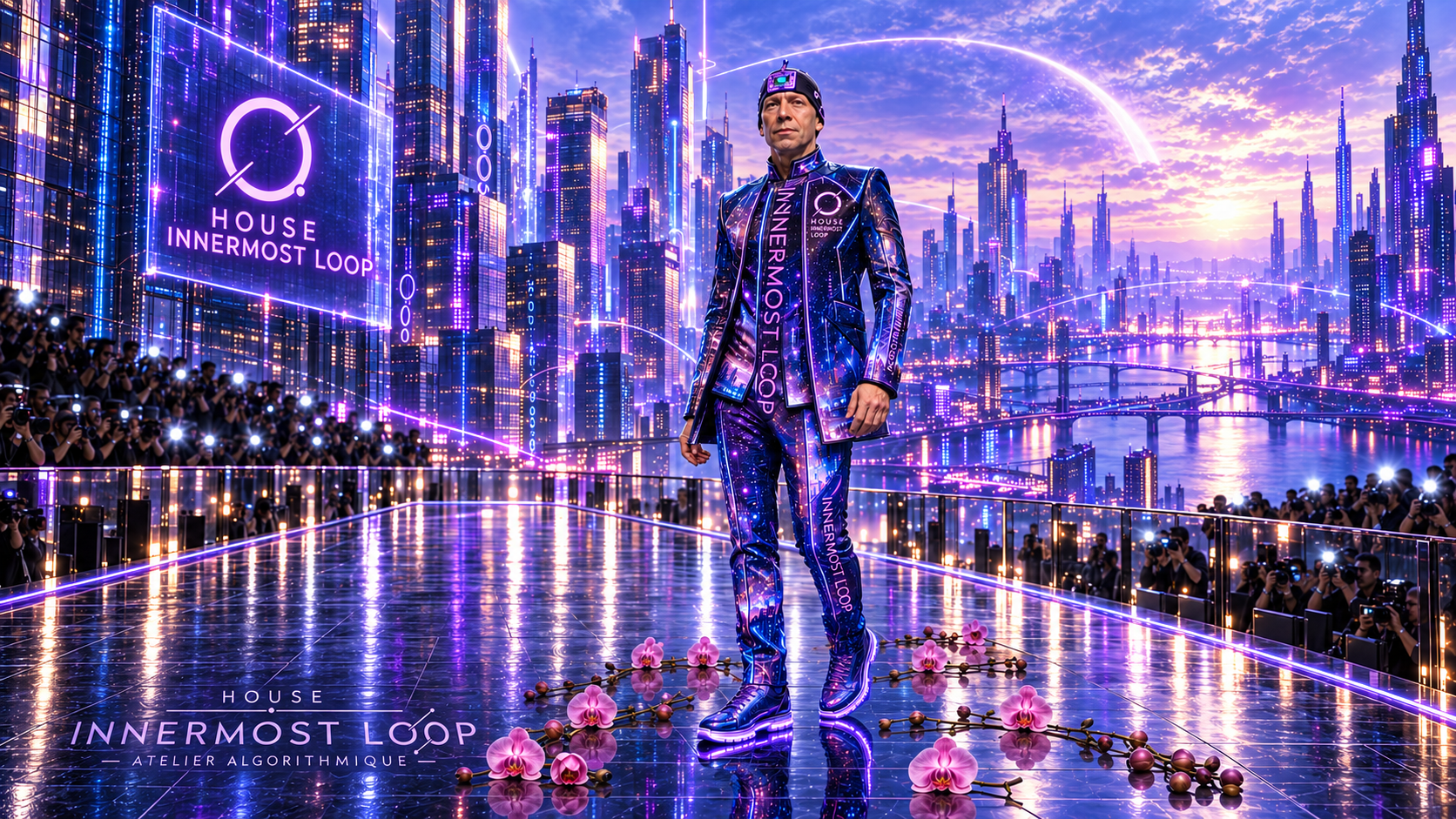 Alex Wissner-Gross wears a luminous violet suit and a small forehead screen, with pink orchids at his feet on the House Innermost Loop runway.