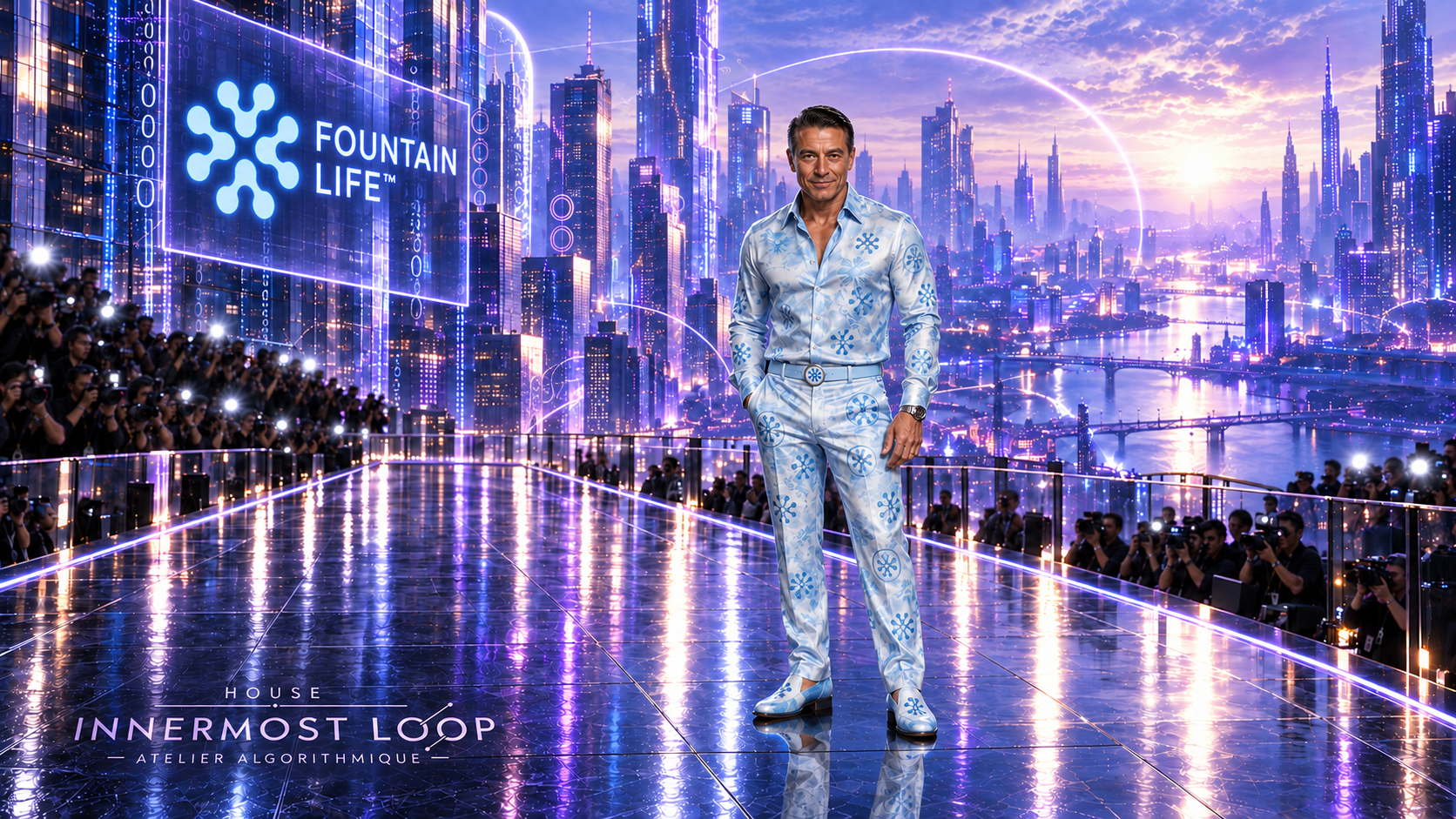 Peter Diamandis wears a pale blue patterned Fountain Life ensemble with an open neckline on a reflective runway against a violet city.