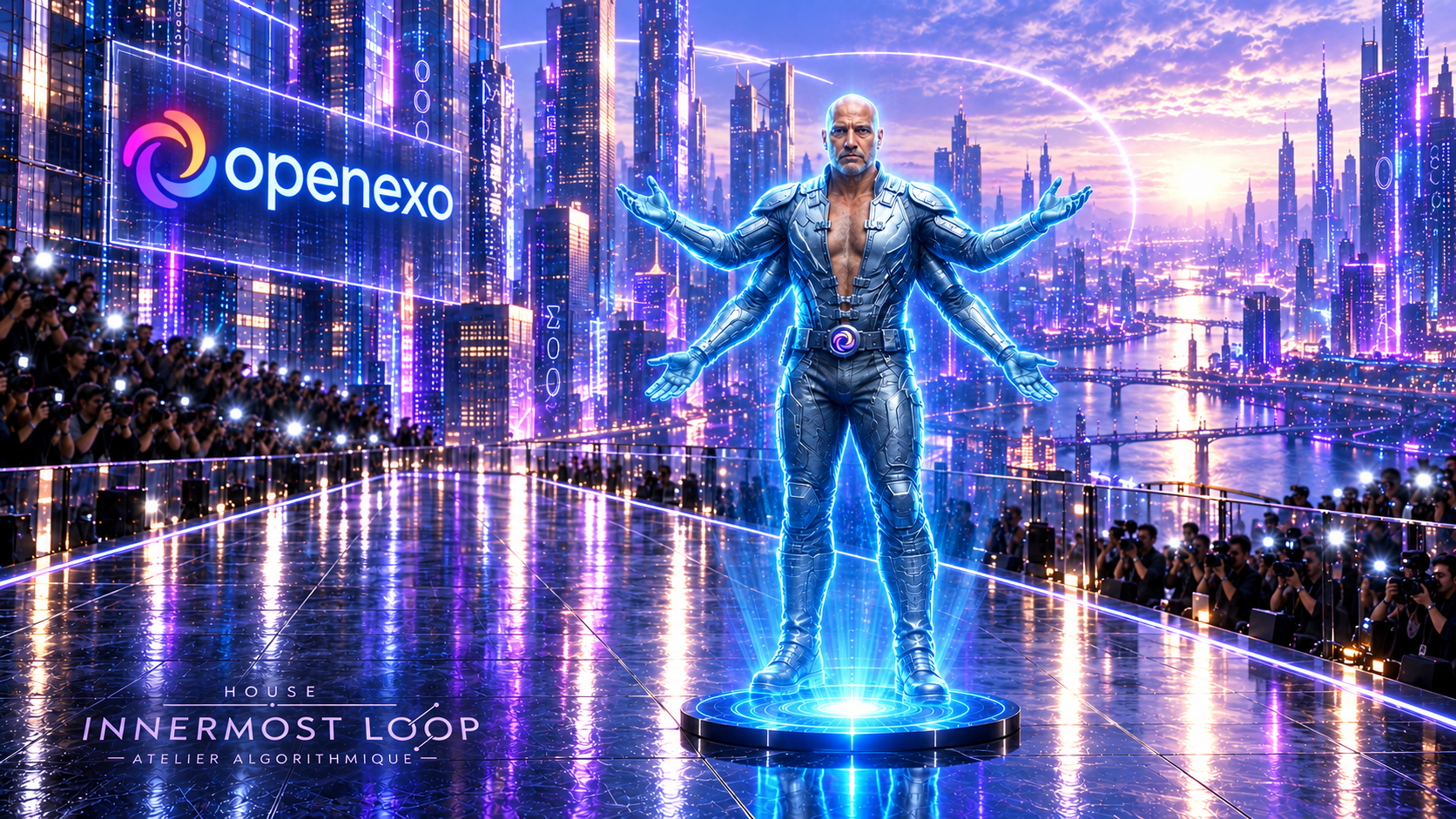 Salim Ismail appears as a luminous blue four-armed figure beneath an OpenExO sign on a reflective futuristic runway.