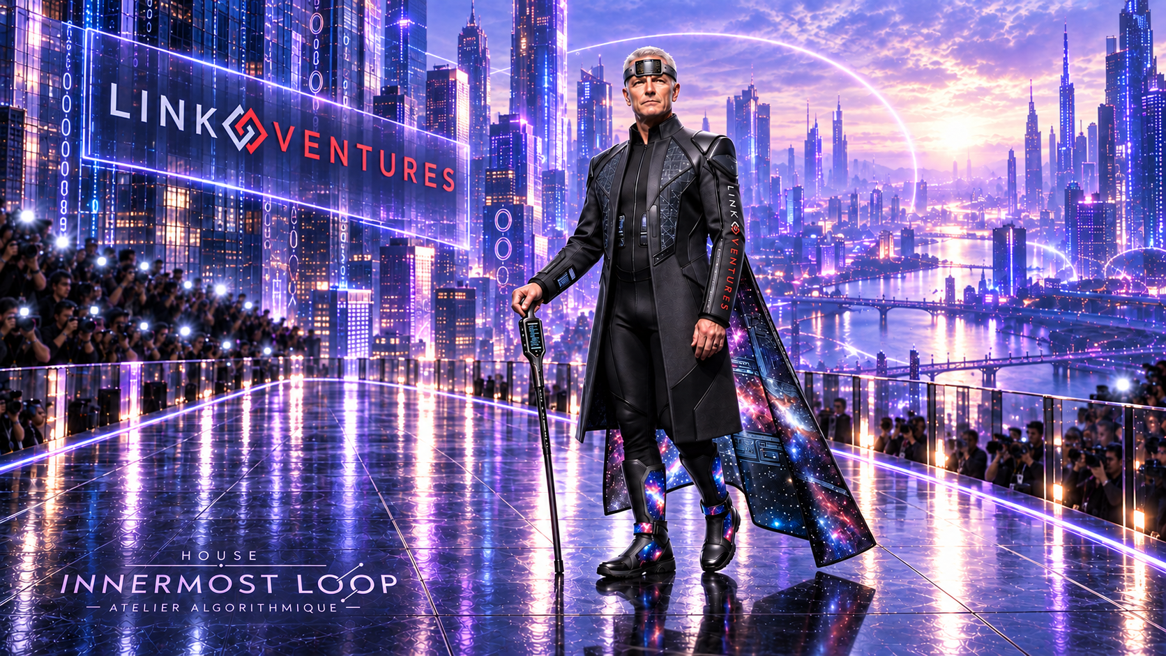 Dave Blundin wears a dark Link Ventures coat with galactic lining, tall boots and a forehead device, holding a slender cane on the runway.