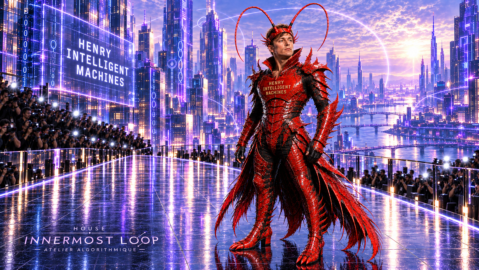 Alex Finn wears red lobster-like armor with long curved antennae and trailing panels beneath a Henry Intelligent Machines sign.