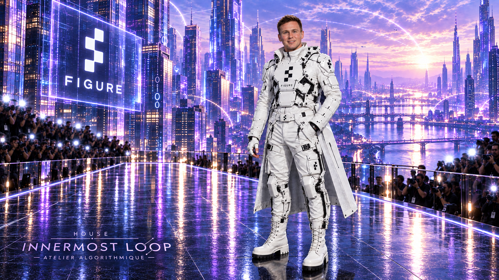 Brett Adcock wears white articulated armor with black mechanical markings and substantial boots beneath a Figure sign.