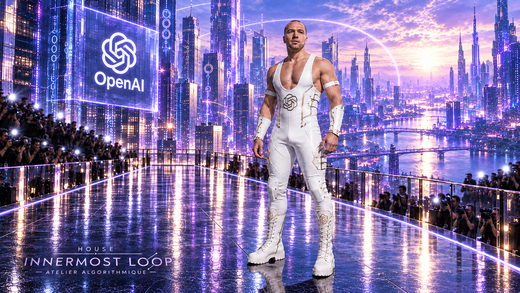 Greg Brockman wears a fitted white OpenAI ensemble with an open chest and athletic accessories on a reflective violet city runway.