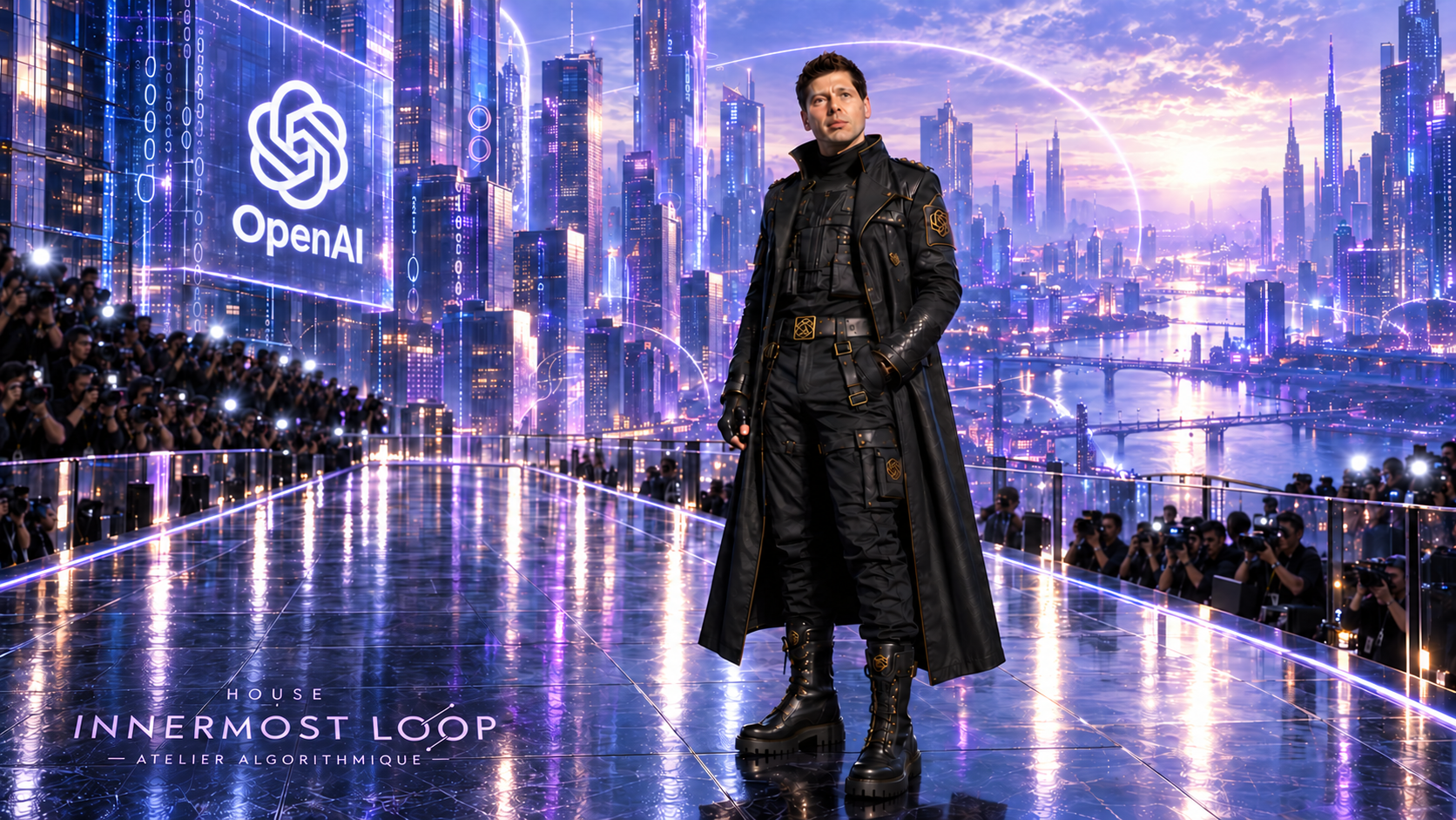 Sam Altman wears layered black OpenAI clothing with a long coat on a reflective runway against a violet futuristic city.
