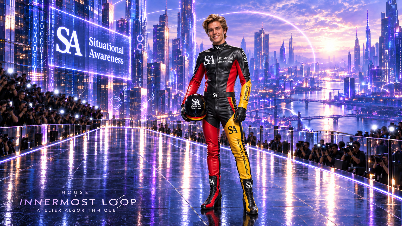 Leopold Aschenbrenner wears a black, red and yellow Situational Awareness racing suit and holds a helmet on a futuristic runway.