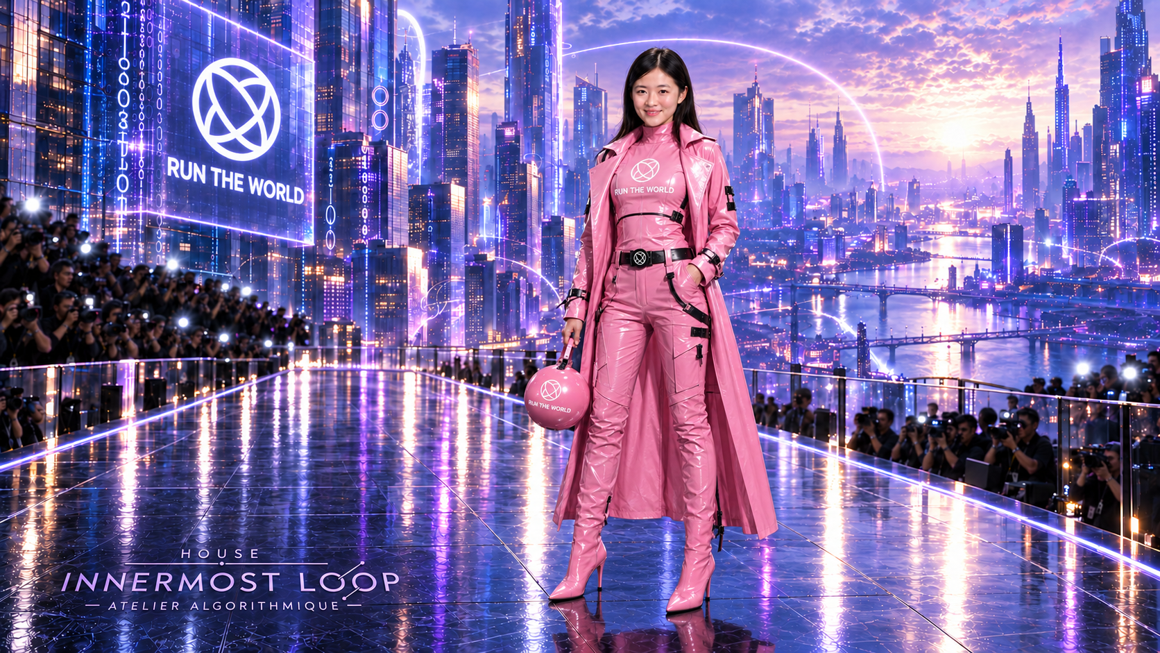 Xiaoyin Qu wears a pink Run the World coat and matching trousers, carrying a small circular bag on a reflective futuristic runway.