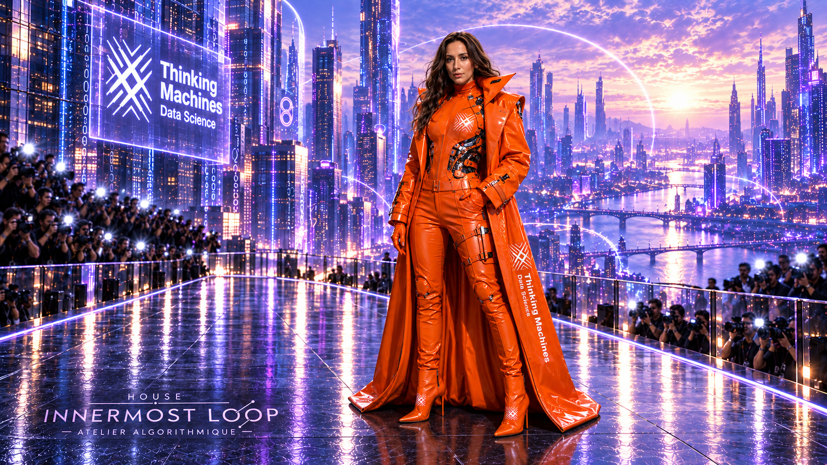 Mira Murati wears an orange tailored ensemble and long coat; the runway backdrop reads Thinking Machines Data Science.