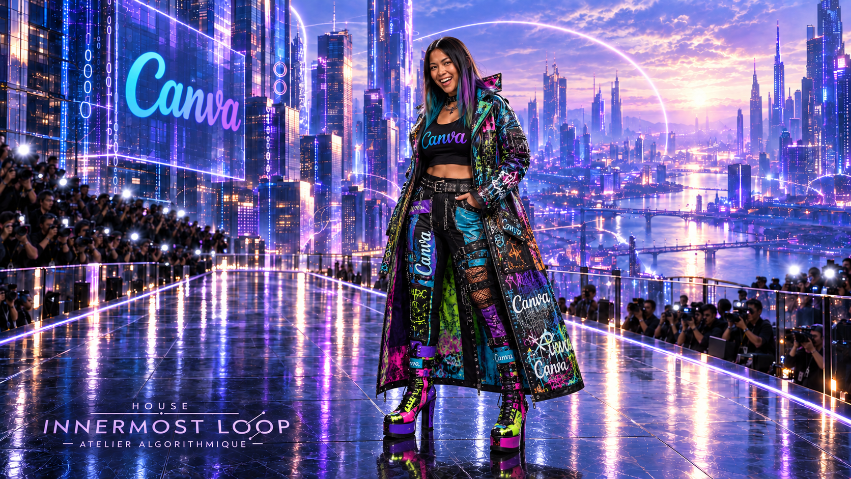 Melanie Perkins wears a layered, multicolored Canva ensemble beneath a bright Canva sign on a reflective futuristic runway.