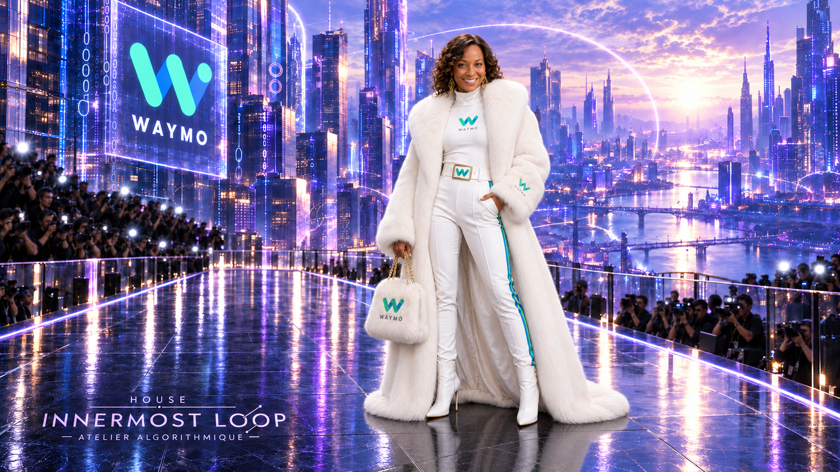 Tekedra Mawakana wears a long plush white Waymo coat with teal accents, a fitted white outfit and a small handbag on the runway.