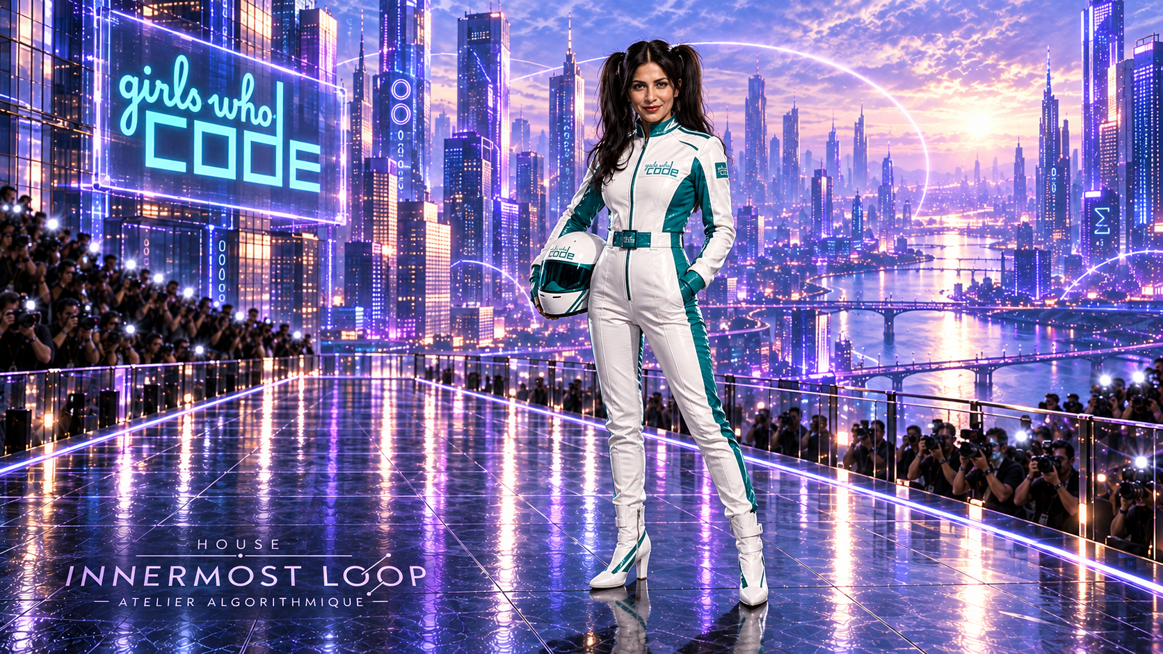 Reshma Saujani wears a white and teal Girls Who Code racing suit with gloves, boots and a helmet on a reflective futuristic runway.