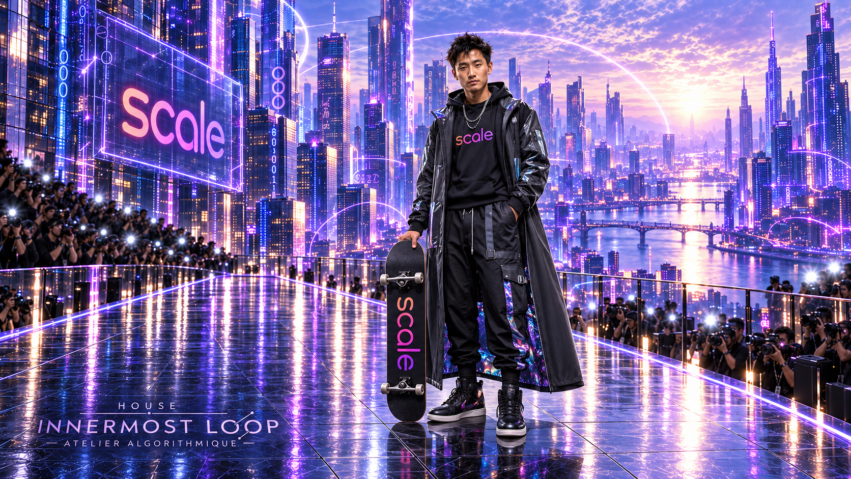 Alexandr Wang wears a black Scale ensemble with a long coat and holds a skateboard on a reflective runway against a violet city.