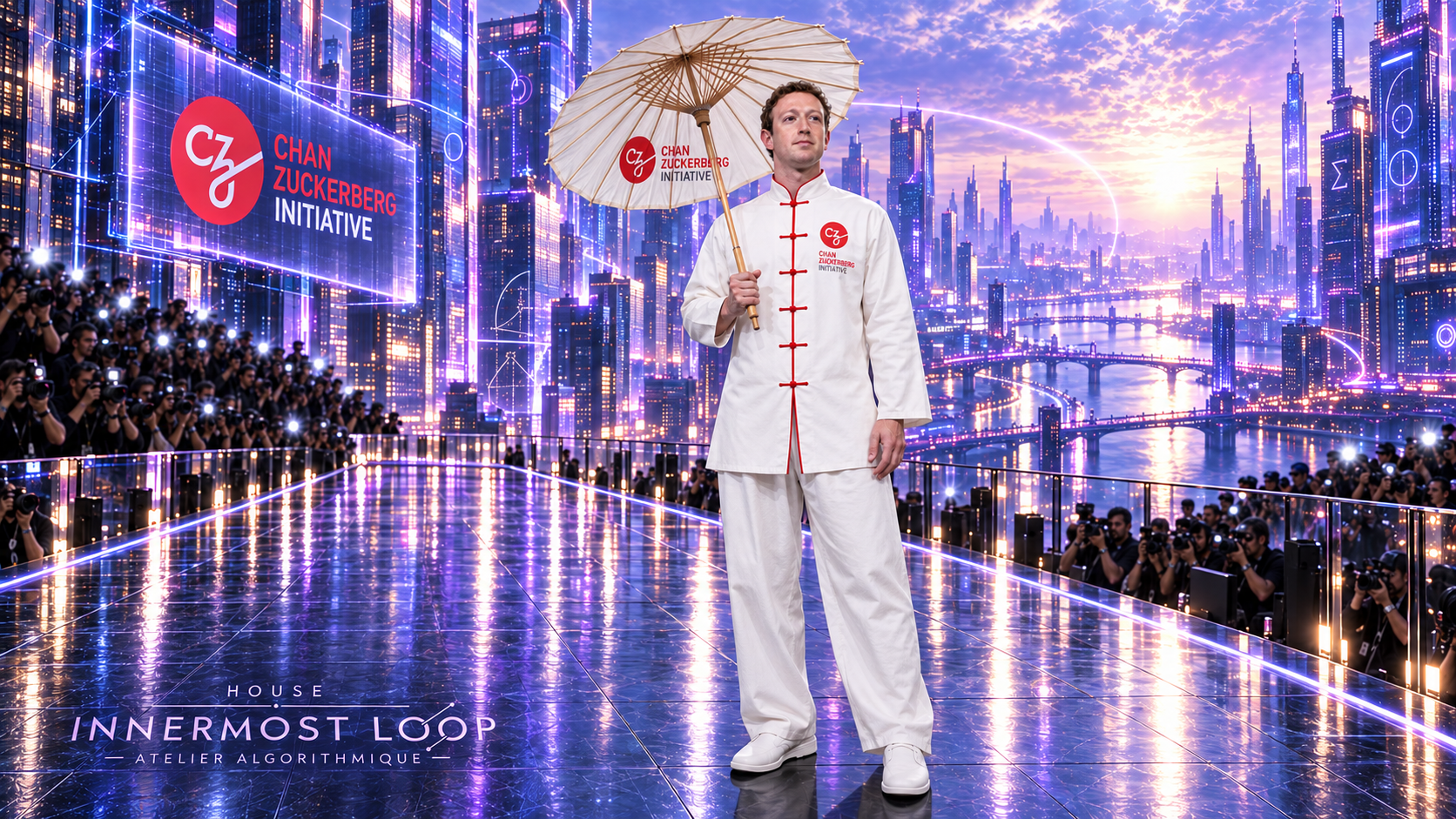 Mark Zuckerberg wears a black Chan Zuckerberg Initiative outfit with a red emblem and holds a skateboard on a reflective runway.