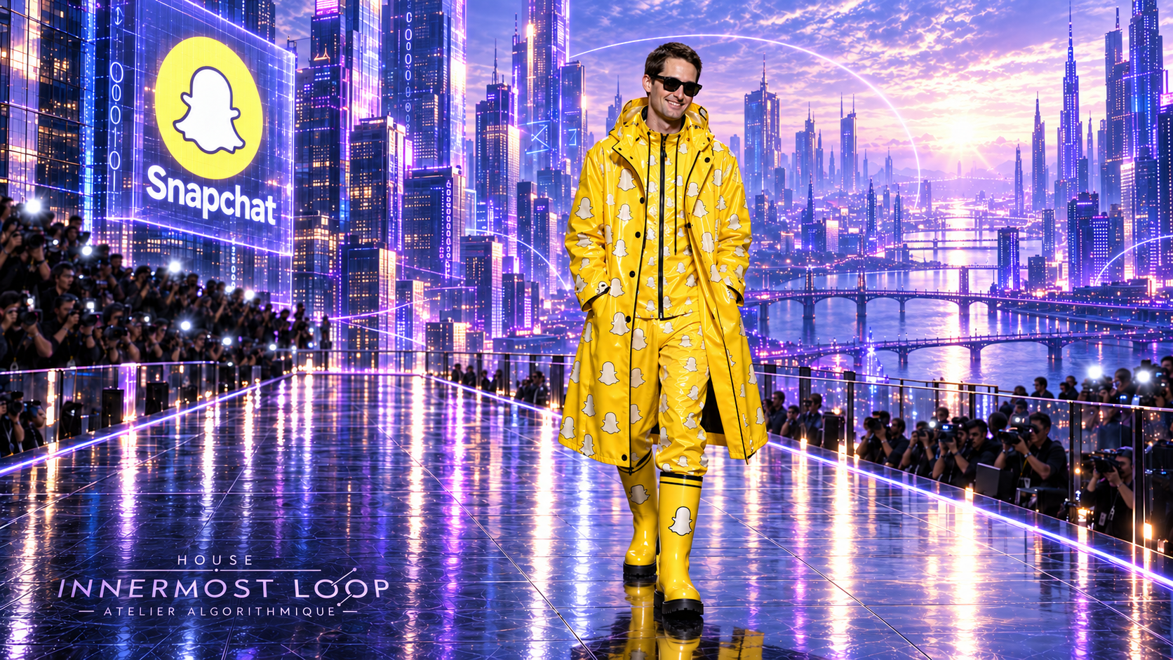 Evan Spiegel wears a bright yellow Snapchat coat and matching boots, patterned with ghost emblems, on a reflective runway.