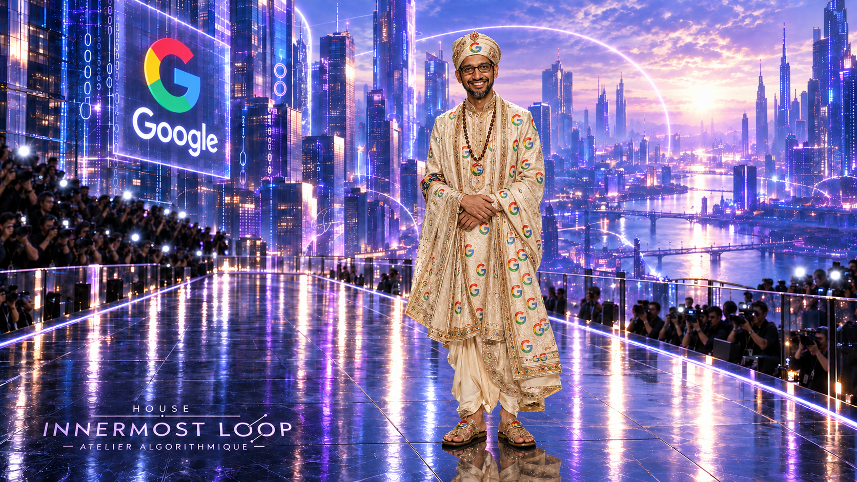 Sundar Pichai wears an embroidered cream and gold robe, stole and turban bearing Google emblems, with his hands together.