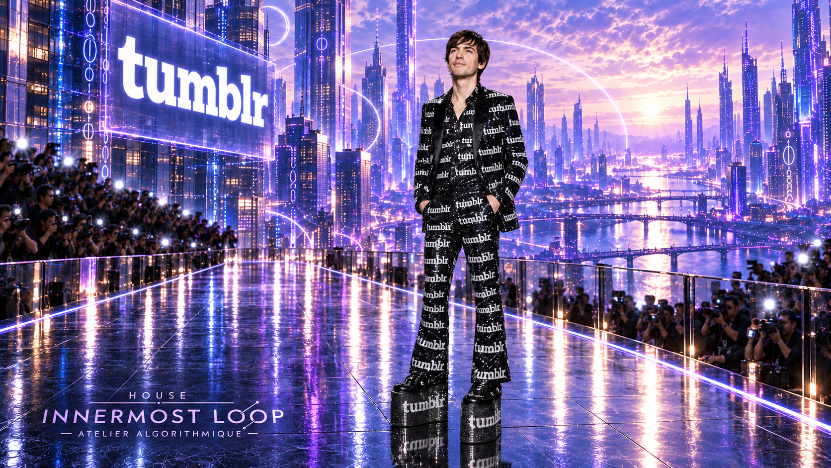 Matt Mullenweg wears a glittering black Tumblr suit and towering rectangular platform shoes on a reflective futuristic runway.