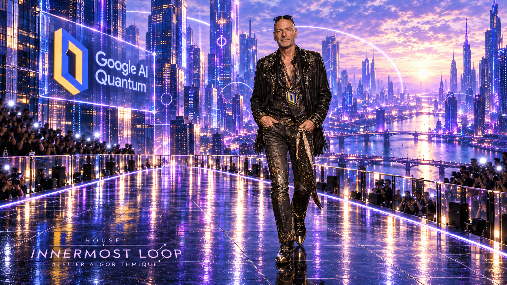 Hartmut Neven wears a black and gold fringed outfit with an angular pendant beneath a Google AI Quantum sign.
