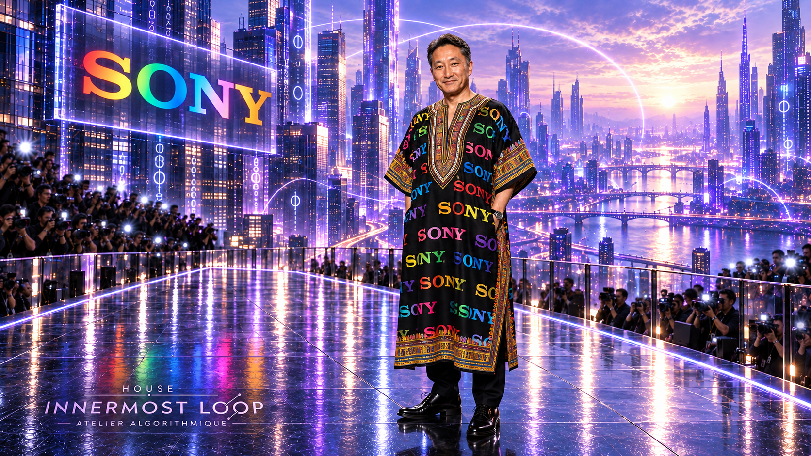 Hiroki Totoki wears a long black tunic with multicolored Sony wordmarks and decorative borders on a reflective runway.