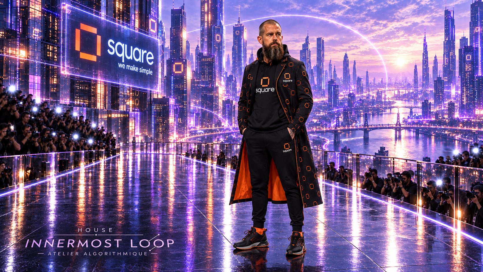 Jack Dorsey wears a black coat with orange lining and square motifs over a hoodie and trousers beneath a Square sign.