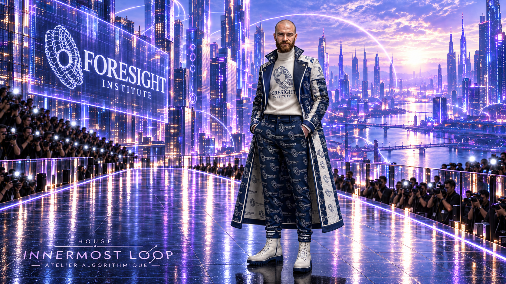 Zvonimir Vrselja wears a navy and silver Foresight Institute coat, cream turtleneck, patterned trousers and white boots.