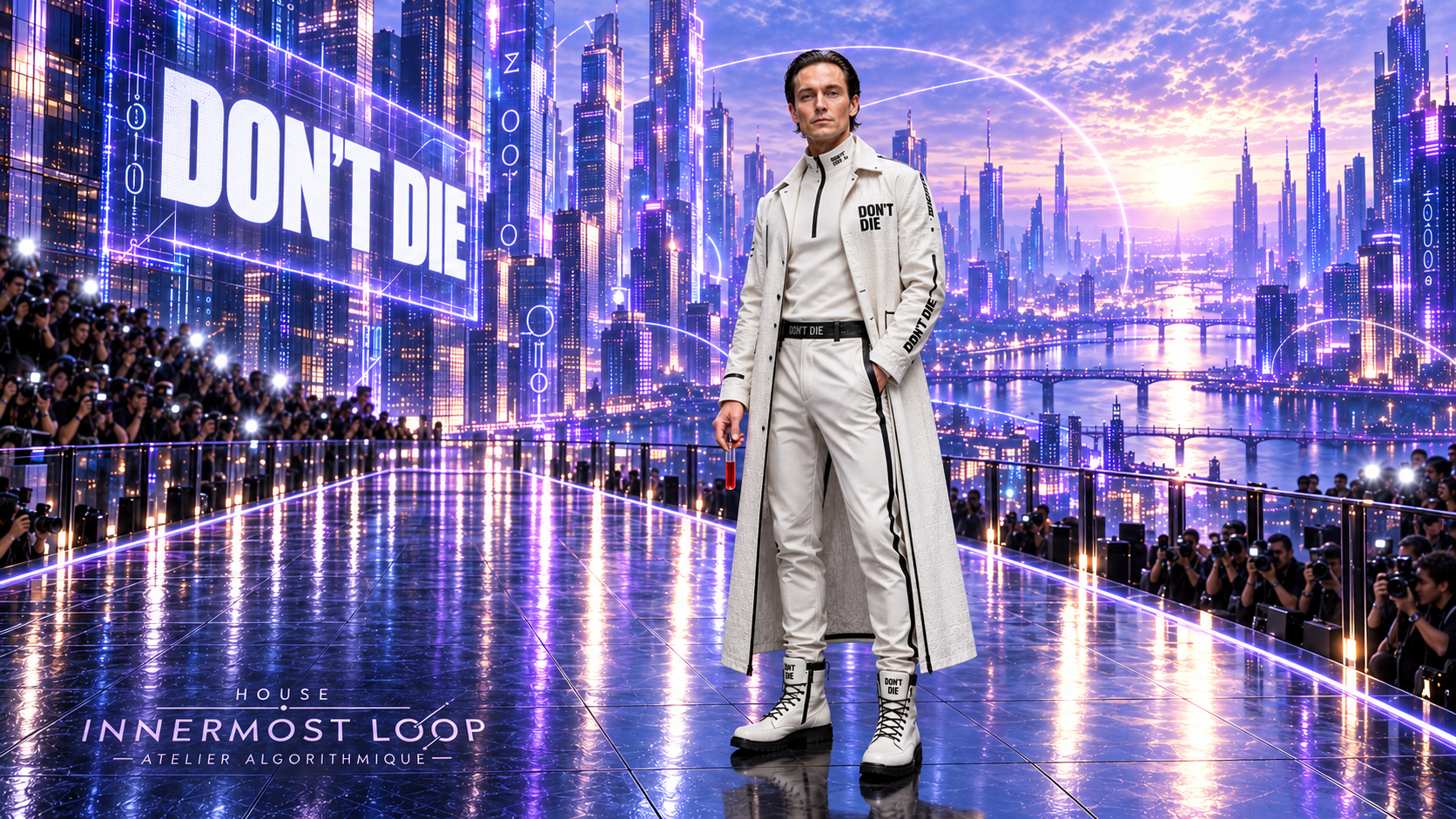 Bryan Johnson wears a long white Don't Die coat and matching boots, holding a glass of red liquid on a futuristic runway.