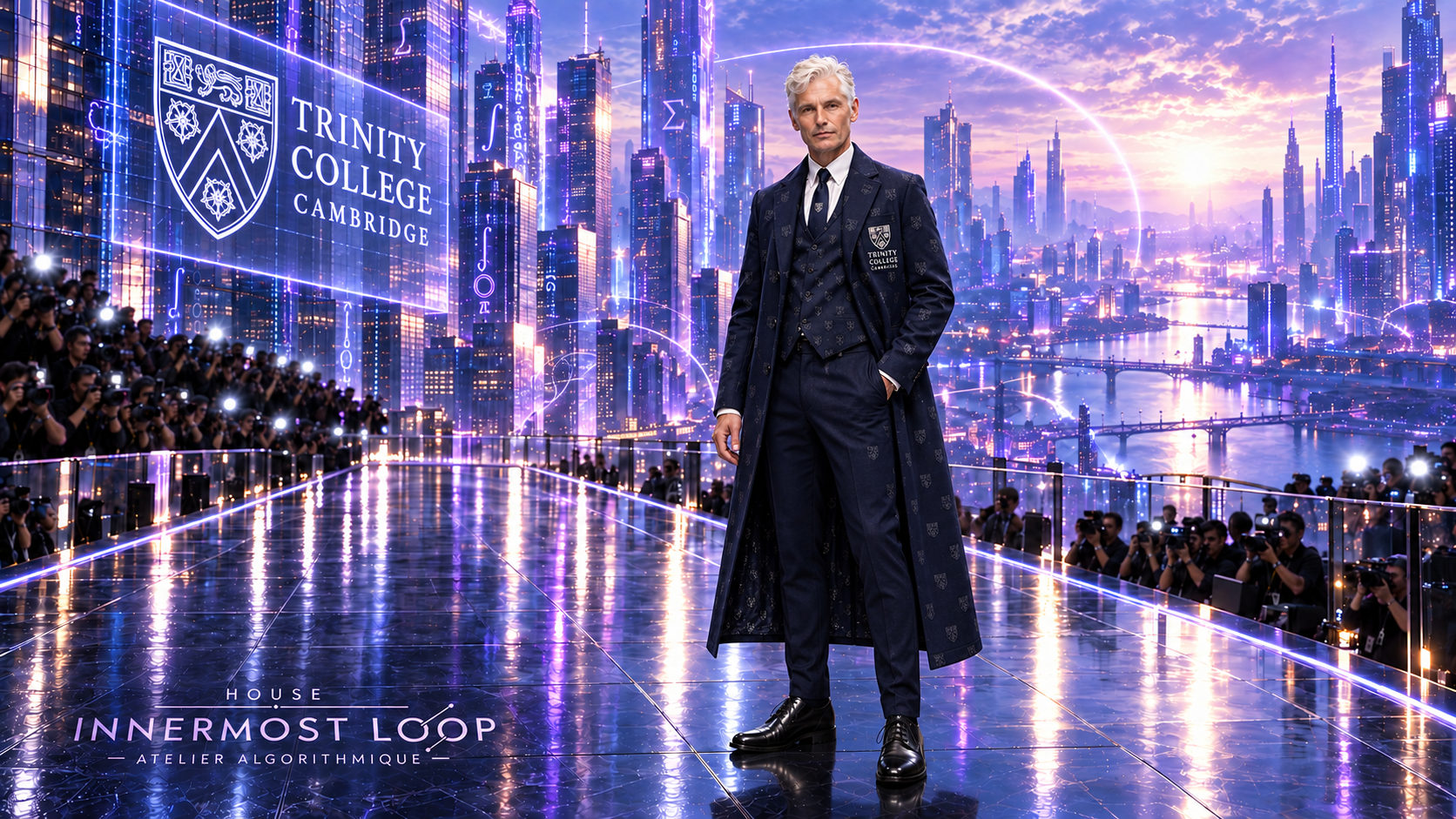 Timothy Gowers wears a long navy coat and waistcoat patterned with Trinity College crests on a reflective futuristic runway.