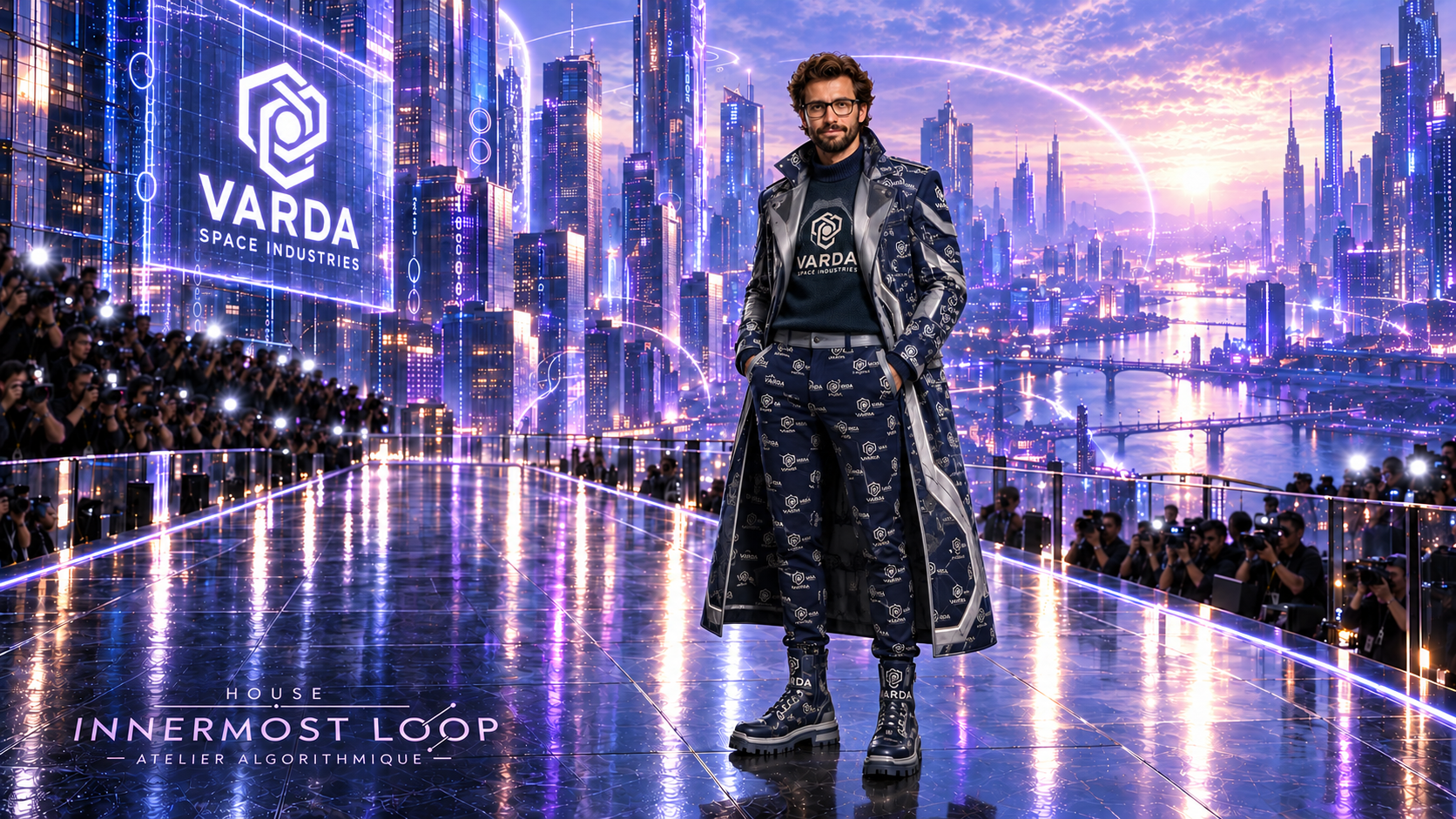 Delian Asparouhov wears navy Varda tailoring with broad silver lapels and combat boots on a reflective futuristic runway.