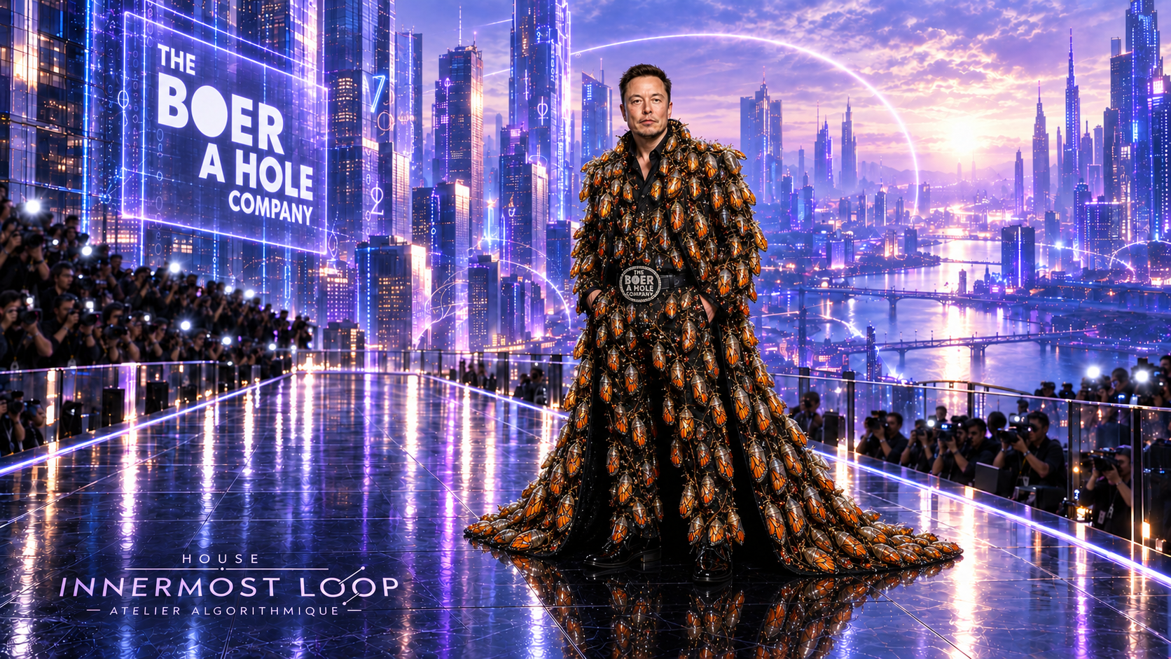 Elon Musk stands in a dense orange-and-black monarch-inspired outfit with a pooled train and closed wings; transformation frame one of three.