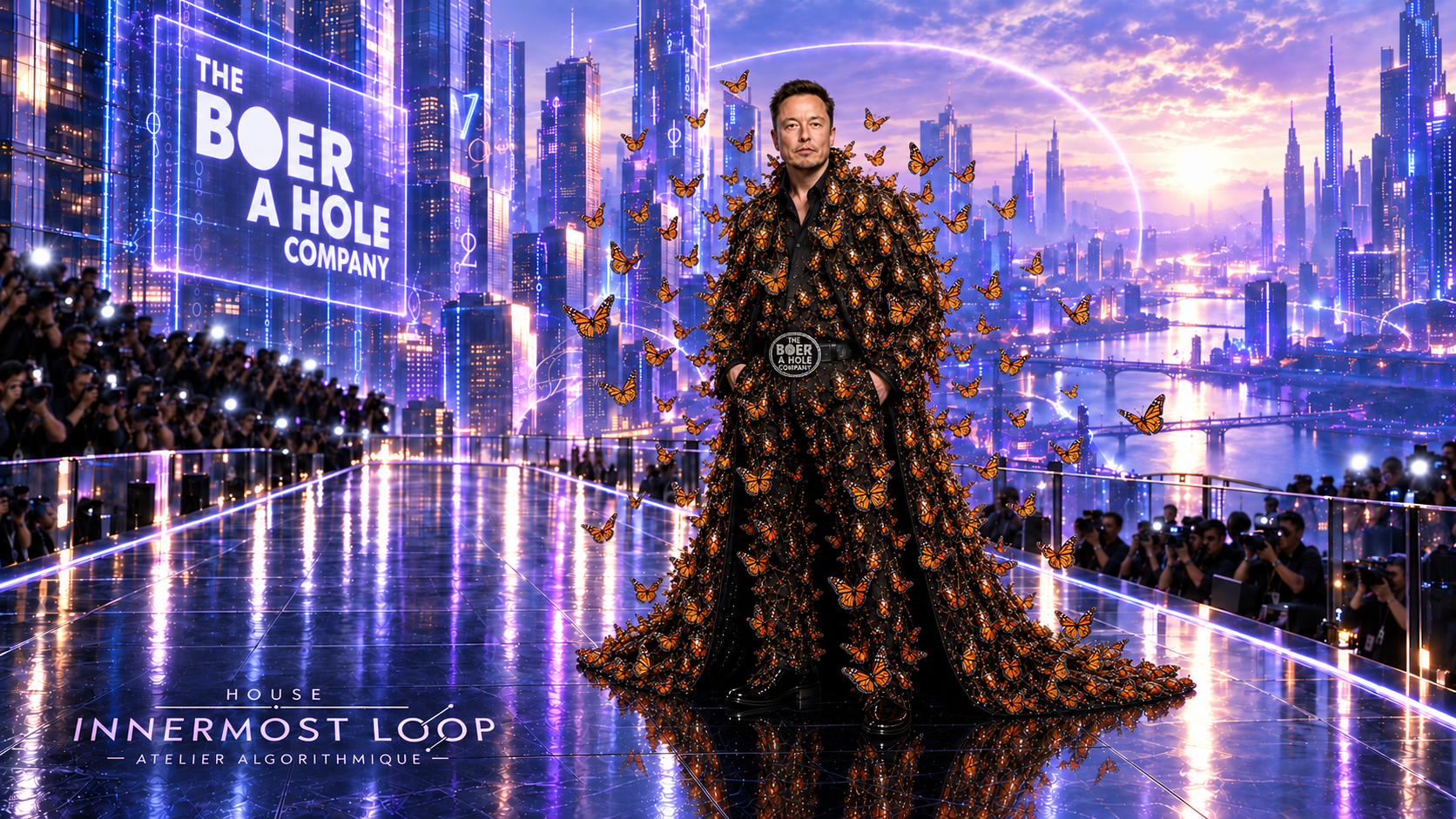 Monarch butterflies begin lifting from Elon Musk’s jeweled orange-and-black outfit and train; transformation frame two of three.