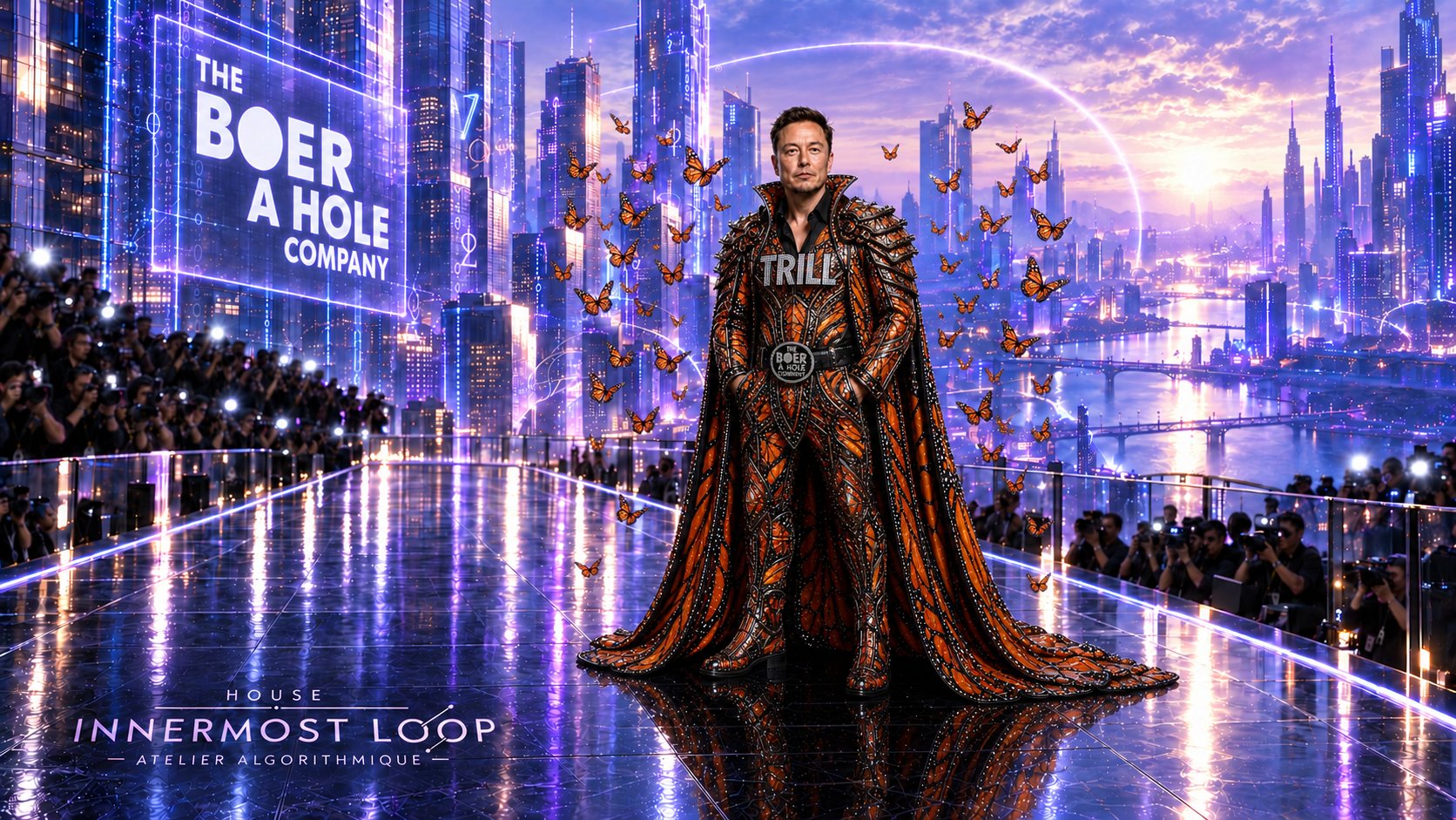 Airborne monarch butterflies reveal Elon Musk’s orange-and-black armor, wide cape, TRILL chest lettering and Boer A Hole buckle; frame three of three.