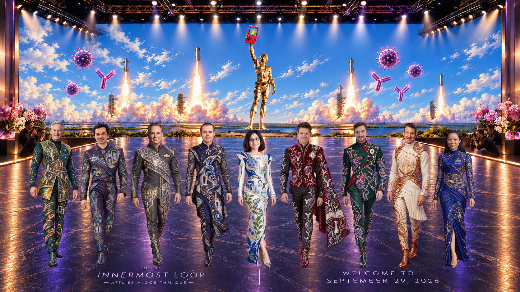Eric Horvitz, Boris Power, David Sacks, Jakub Pachocki, Aviv Regev, Hannu Rajaniemi, Nikolai Eroshenko, Jack Clark and Dawn Song, left to right, in jewel-toned couture on a violet runway. A golden Prometheus raises a red handheld console above them; rockets, antibody and pathogen-like forms fill the mural, with orchids and photographers at the sides.