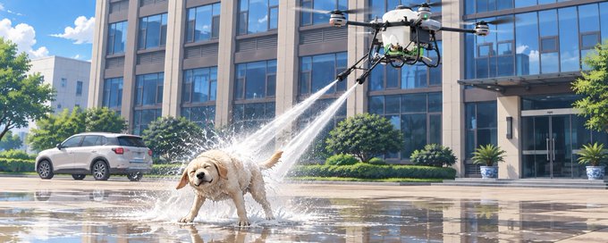 A large multirotor drone sprays two streams of water onto a pale dog standing on wet pavement outside a modern glass-fronted building on a sunny day.