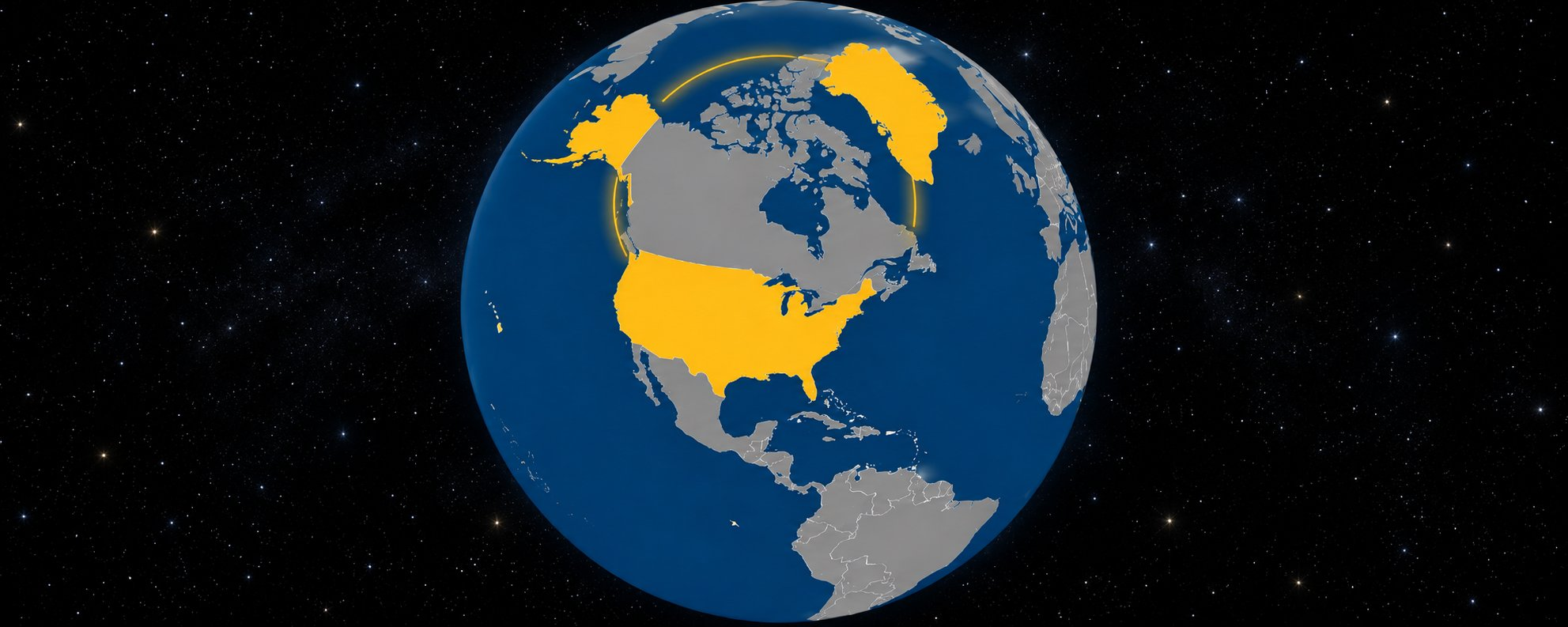 Digital globe against a starfield, with the contiguous United States, Alaska, and Greenland colored gold, neighboring lands gray, and a luminous gold arc across the Arctic.