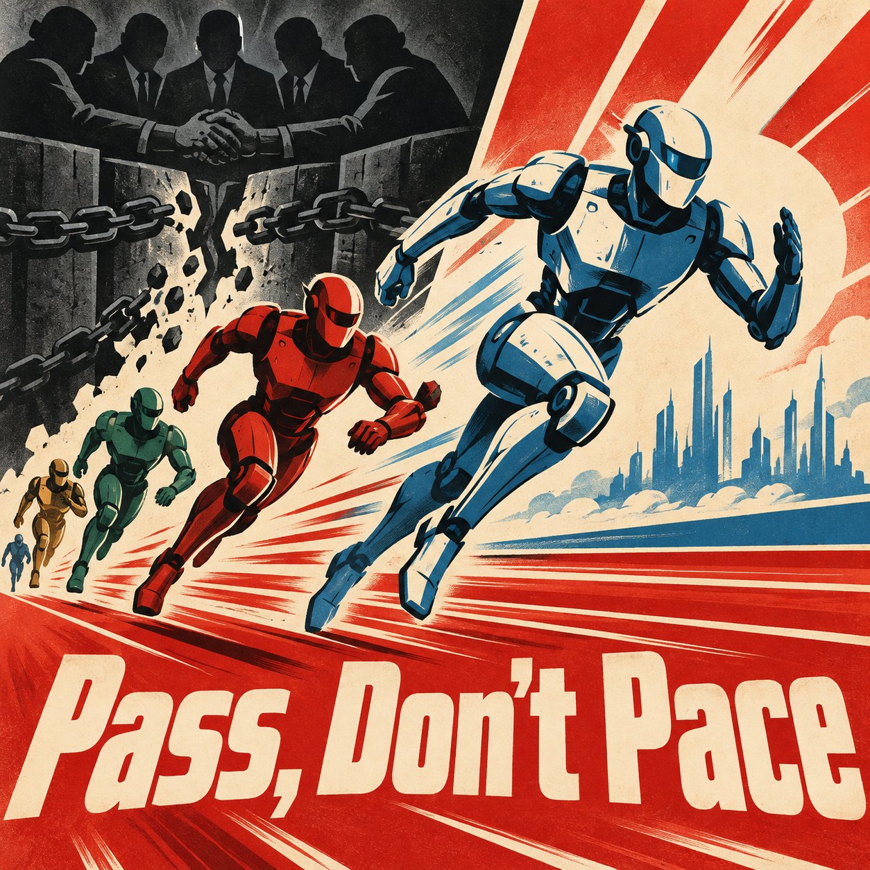 A retro poster shows blue, red, green, and gold robots running beyond broken chains and a wall beneath silhouetted figures. Cream lettering across the red foreground reads “Pass, Don’t Pace.”