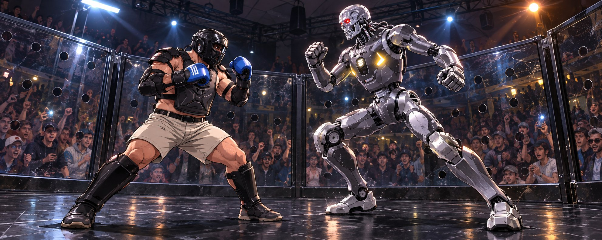 A boxer in black protective equipment and blue gloves faces a silver humanoid robot with red illuminated eyes inside a transparent-walled arena, with spectators behind them.
