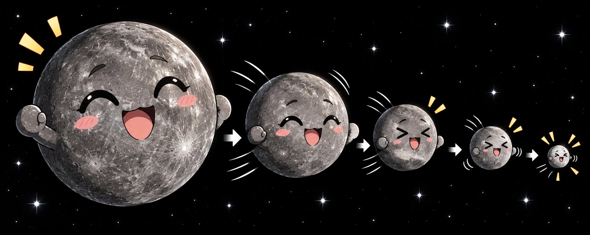 On a black star field, five progressively smaller versions of cratered Mercury have smiling cartoon faces, pink cheeks and tiny raised fists. Four white arrows connect them; yellow emphasis marks and white motion lines heighten their exuberance.