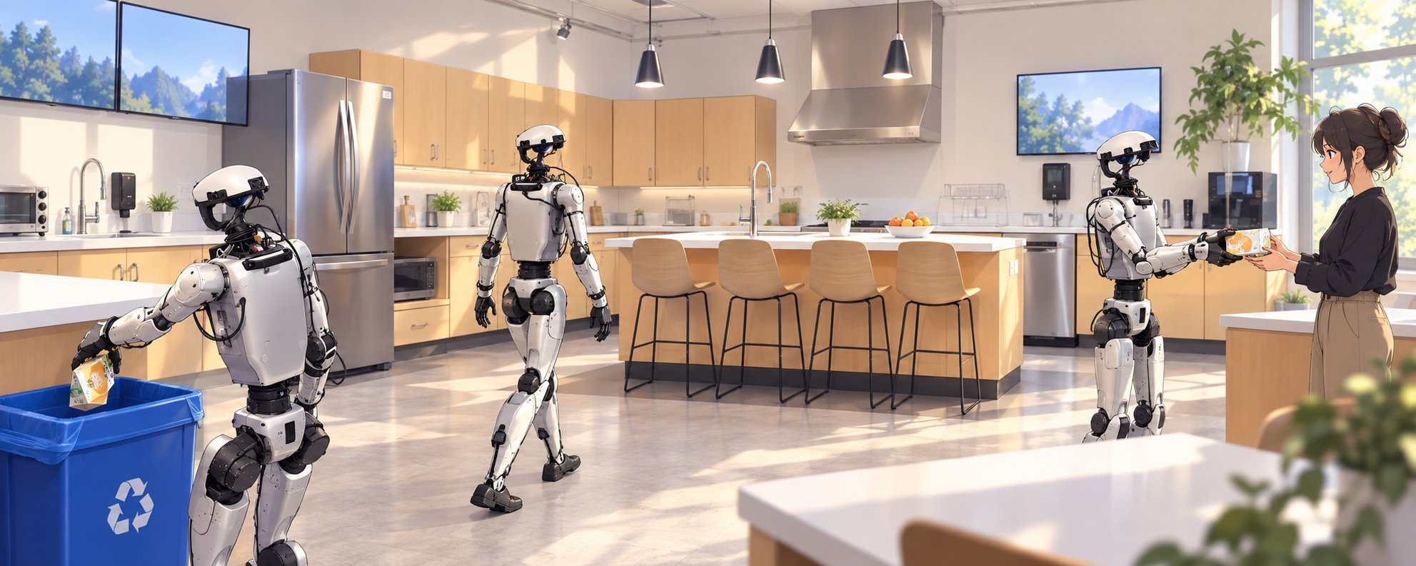 Three white-and-black humanoid robots in a sunlit kitchen: one holds a carton over a blue recycling bin, another stands near the refrigerator, and a third exchanges a carton with a woman. Wood cabinets, an island, plants and daylight frame the scene.