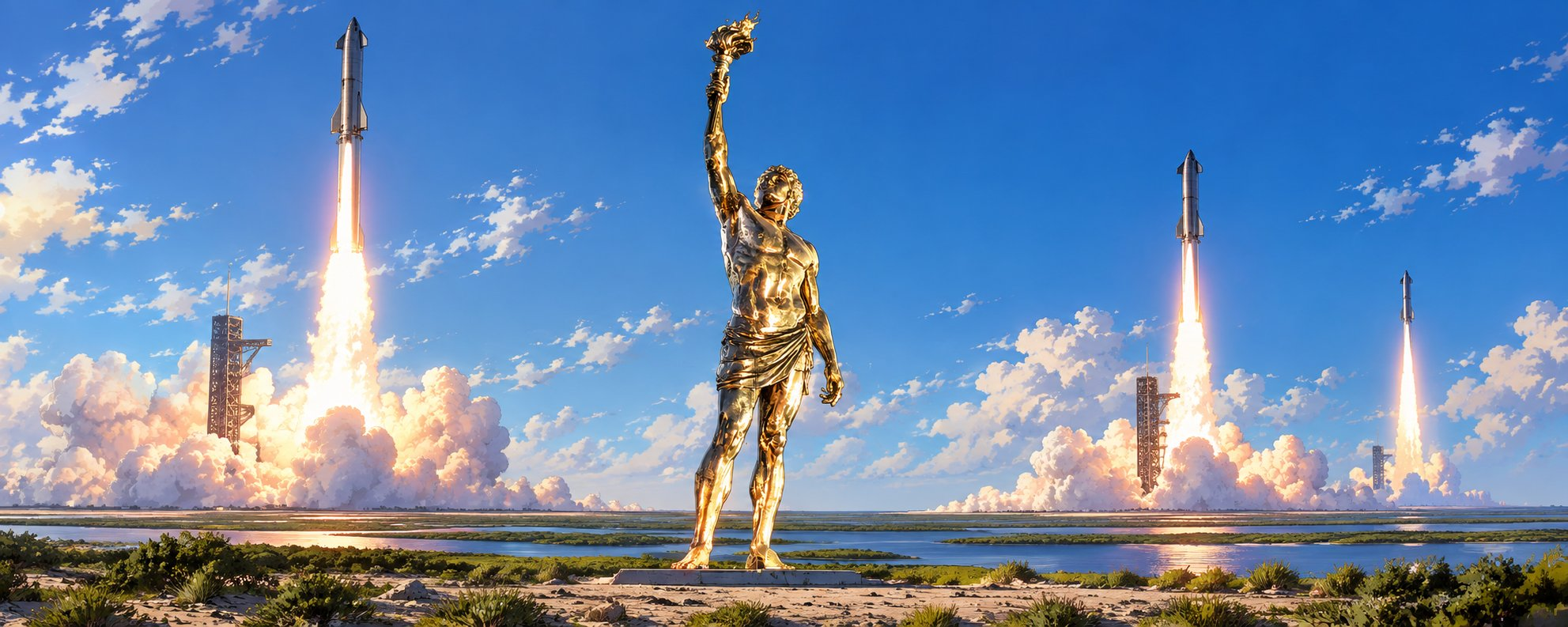 A golden classical figure of Prometheus raises a torch on a low plinth. Three Starship-shaped rockets ascend across a blue sky behind him, above billowing peach-white exhaust clouds, launch towers, shallow coastal water, sand, and scrub.